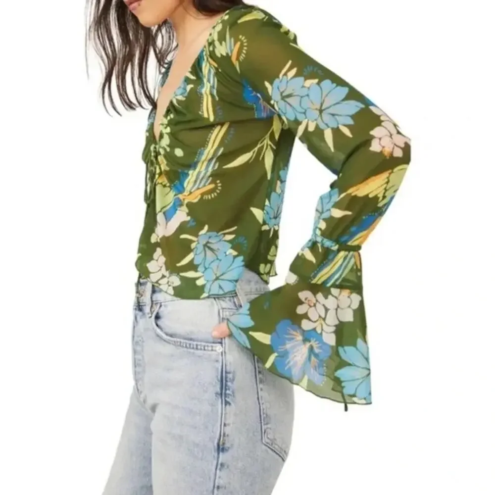NWT Free People Of Paradise Floral Bell‎ Sleeve Top Size M